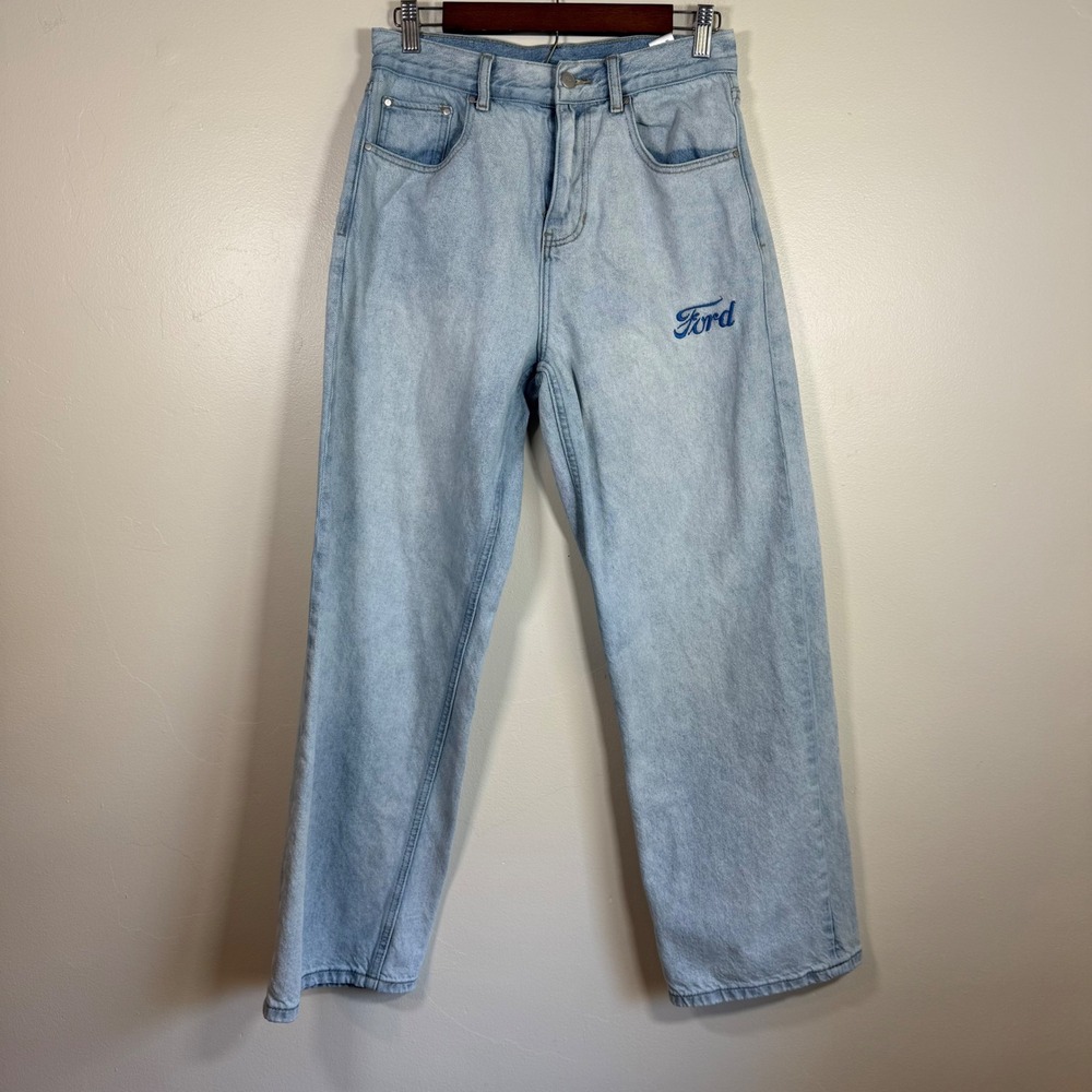PacSun Ford Logo High Rise Wide Leg Baggy Jeans Size 4 Light Wash Blue